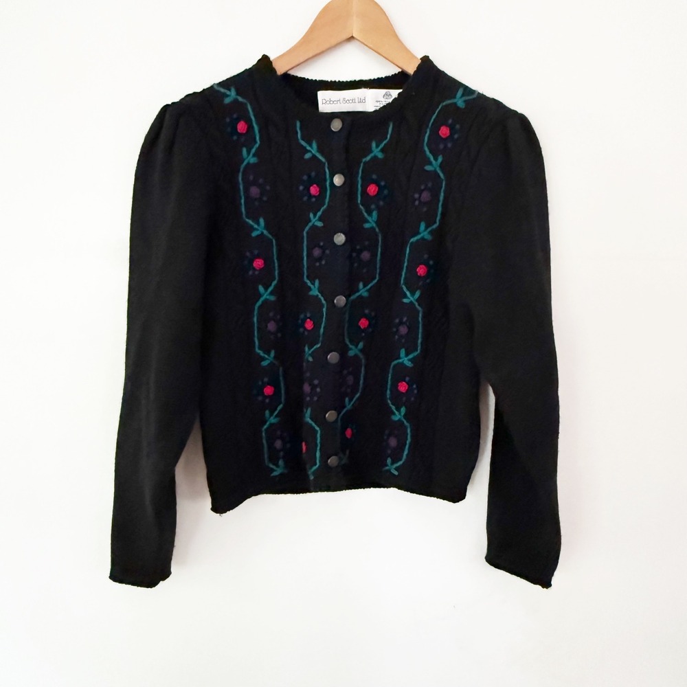 Vintage 100% Wool Cardigan Women Black Floral Embroider Boho Granny Dark Cottage